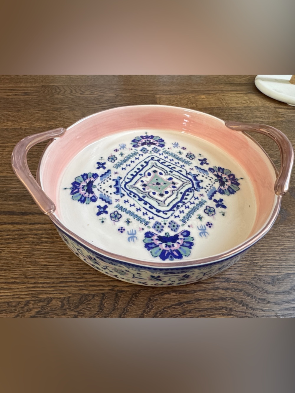 Anthropologie Hand-Painted Floral Ceramic Serving Bowl - Pink and Blue